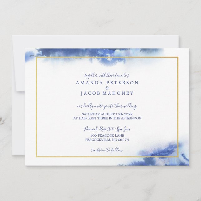 Blue Marble Ombre Gold Frame Wedding Ankündigung (Vorderseite)