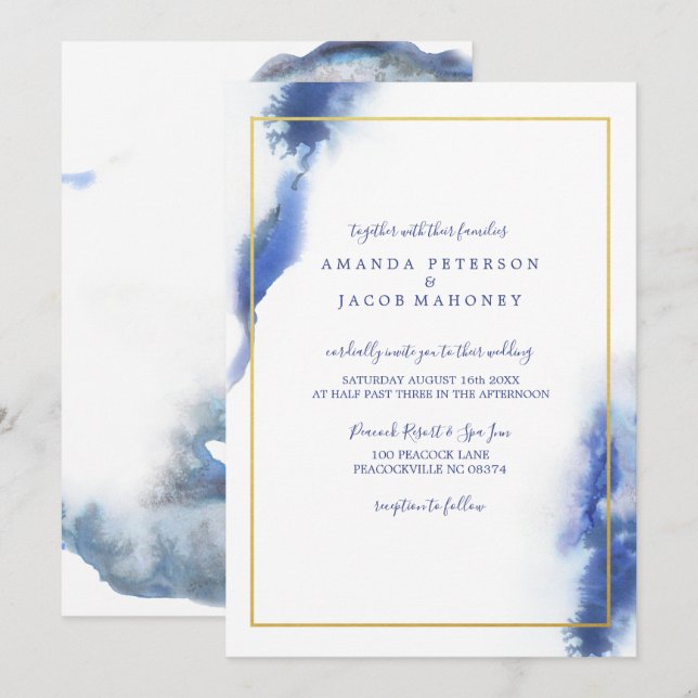 Blue Marble Ombre Gold Frame Wedding Einladung (Vorne/Hinten)