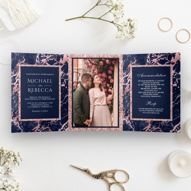 Blue Marble Rose Gold Glitzer Foto Hochzeit Dreifach Gefaltete Einladung (Von Creator hochgeladen)