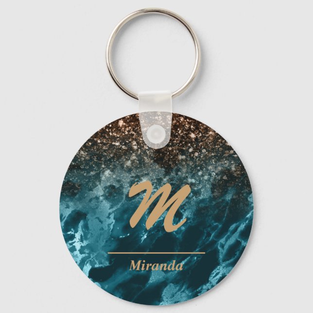 Blue Marble Rose Gold Glitzer Mongram personalisie Schlüsselanhänger (Vorderseite)