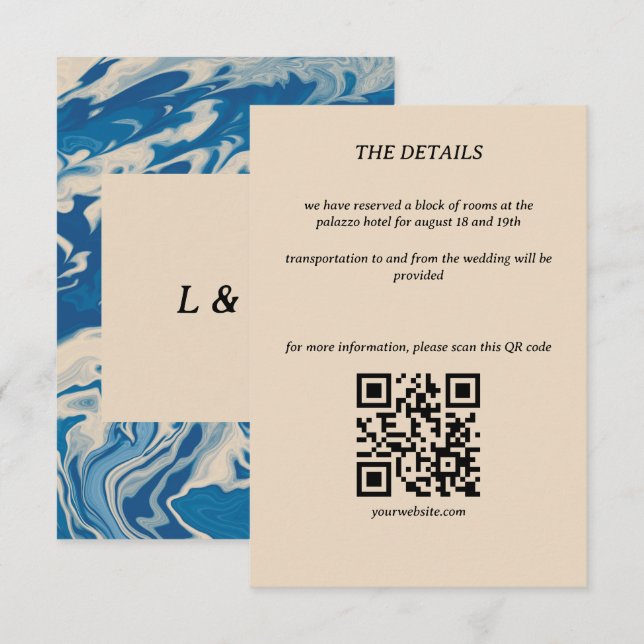 Blue Marbled Modern Coastal Wedding Details Card RSVP Karte (Vorne/Hinten)