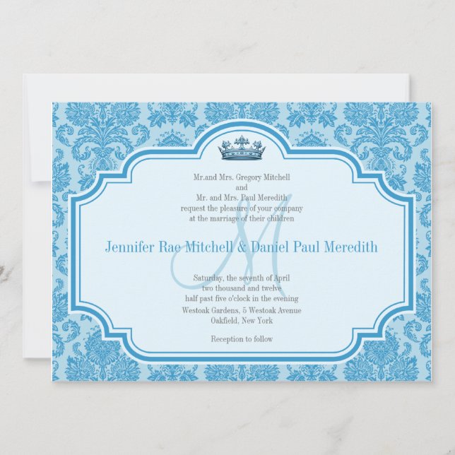 Blue Mariage damassé Invitations Monogramme M (Devant)