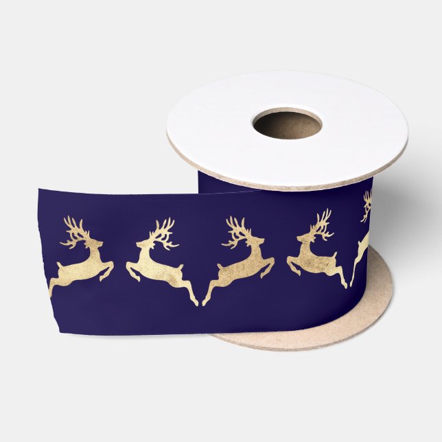 Blue Marine Golden Christmas Holidays Rentiere Satinband (Spule)