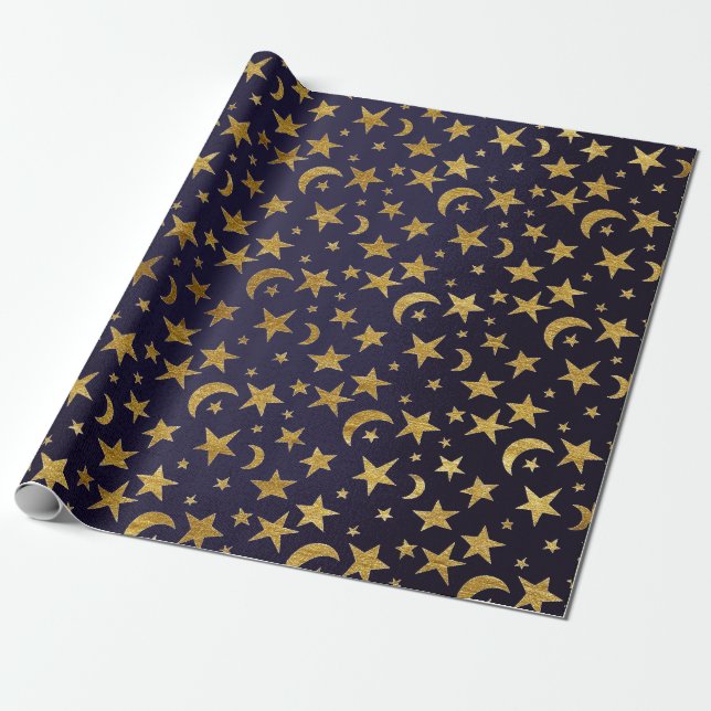 Blue Marine Golden Stars und Moon Sky Geschenkpapier (Ungerollt)