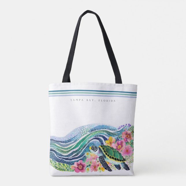 Blue Marine Happy Turtle & Waves Custom Tasche (Rückseite)