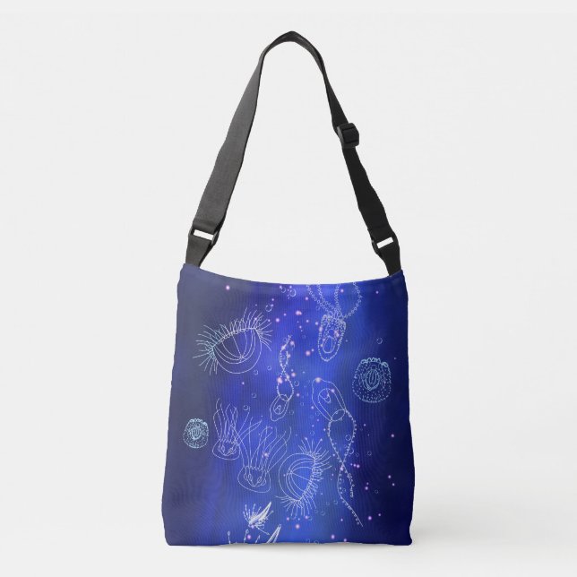 Blue Marine Underwater Jellyfish World Tragetaschen Mit Langen Trägern (Vorderseite)