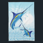 Blue Marlin Jumping out of Ocean Geschirrtuch<br><div class="desc">Realistic illustration of a beautiful Marlin Fish Ocean Animal jumping out of ocean. Vector Art copyright BluedarkArt TheChameleonArt.</div>