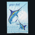 Blue Marlin Jumping out of Ocean Geschirrtuch<br><div class="desc">Realistic illustration of a beautiful Marlin Fish Ocean Animal jumping out of ocean. Vector Art copyright BluedarkArt TheChameleonArt.</div>