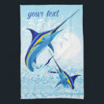 Blue Marlin Jumping out of Ocean Geschirrtuch<br><div class="desc">Realistic illustration of a beautiful Marlin Fish Ocean Animal jumping out of ocean. Vector Art copyright BluedarkArt TheChameleonArt.</div>