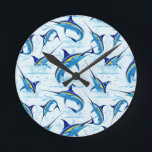Blue Marlin Jumping out of Ocean Runde Wanduhr<br><div class="desc">Realistic illustration of a beautiful Marlin Fish Ocean Animal jumping out of ocean. Vector Art copyright BluedarkArt TheChameleonArt.</div>