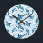 Blue Marlin Jumping out of Ocean Runde Wanduhr<br><div class="desc">Realistic illustration of a beautiful Marlin Fish Ocean Animal jumping out of ocean. Vector Art copyright BluedarkArt TheChameleonArt.</div>