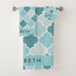 Blue marokkanische Trellis, Quatrefolie, Ihr Name Badhandtuch Set