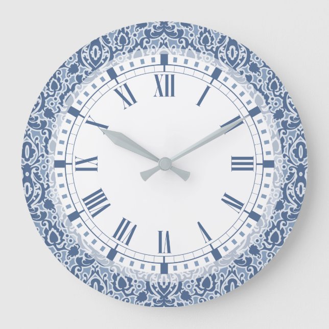 Blue Marokko Elegante Casbah Damask Große Wanduhr (Vorderseite)