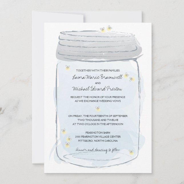 Blue Mason Jar & Fireflies Hochzeit Einladung (Vorderseite)