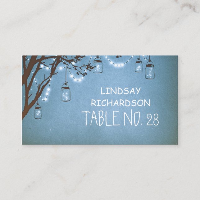 Blue Mason Jar Fireflies String Lights Escort Platzkarte (Vorderseite)