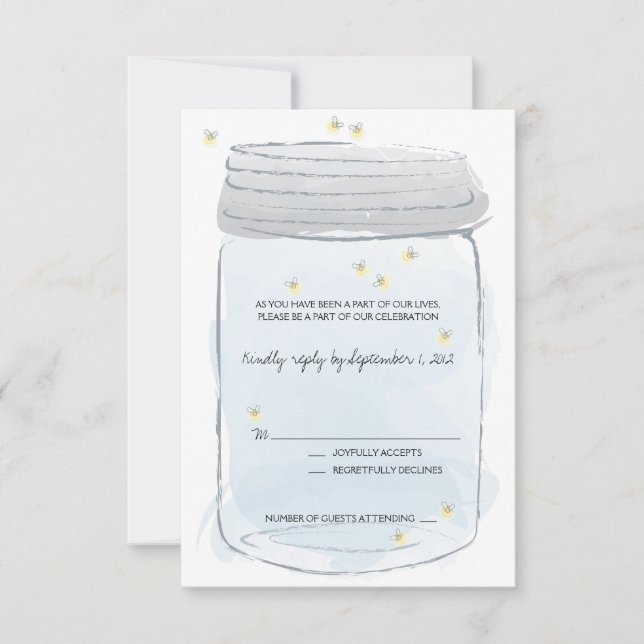 Blue Mason Jar & Fireflies Wedding RSVP Karte (Vorderseite)