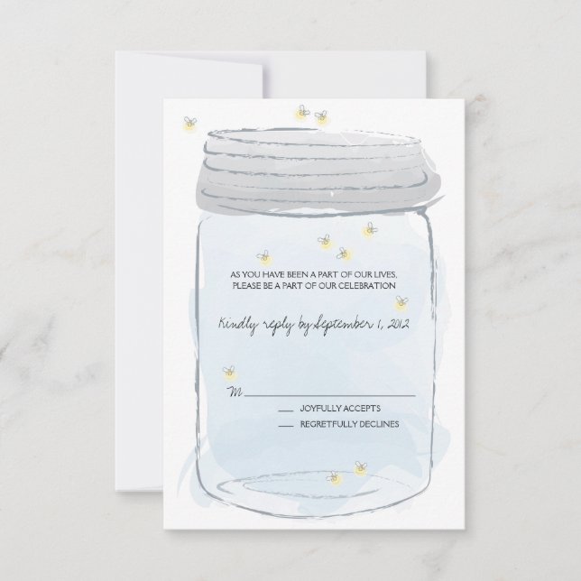 Blue Mason Jar & Fireflies Wedding RSVP Karte (Vorderseite)