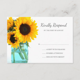 Blue Mason Jar Sunflowers Wedding RSVP Karte