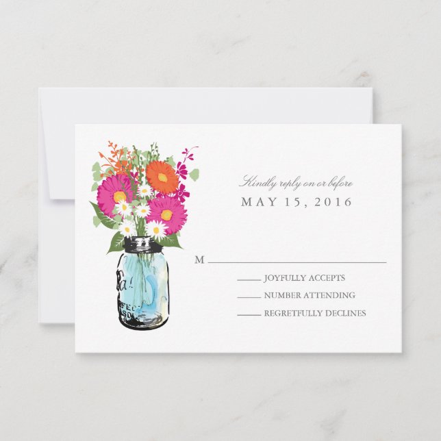 Blue Mason Jar und Gerber Daisies UAWG RSVP Karte (Vorderseite)
