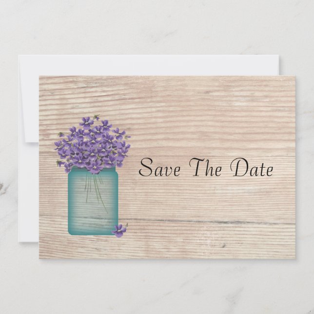 Blue Mason Jar Violets Save the Date (Vorderseite)