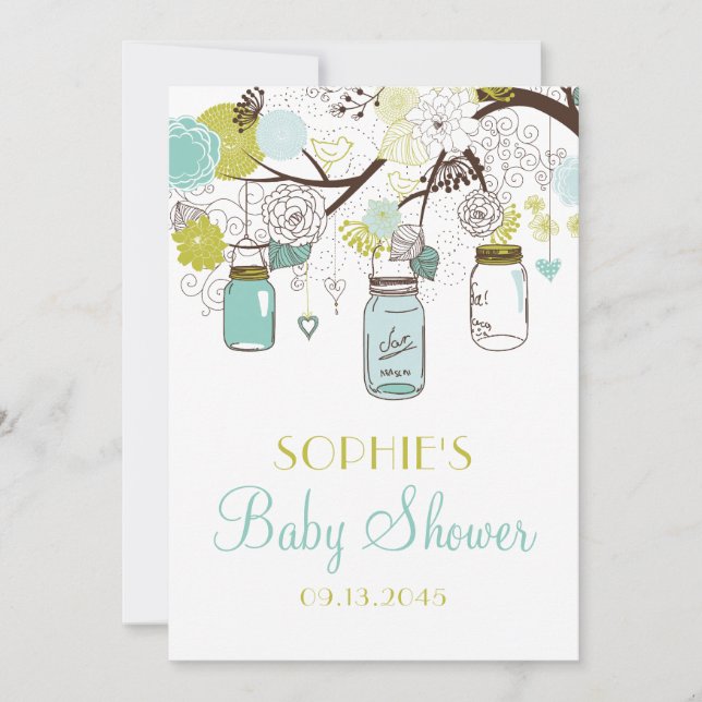 Blue Mason Jars und Spring Blumen Baby Dusche Einladung (Vorderseite)