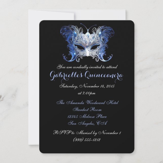 Blue Masquerade Quinceanera Einladungen (Vorderseite)