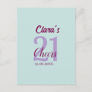 blue mauve cheers 21st birthday add name date postkarte