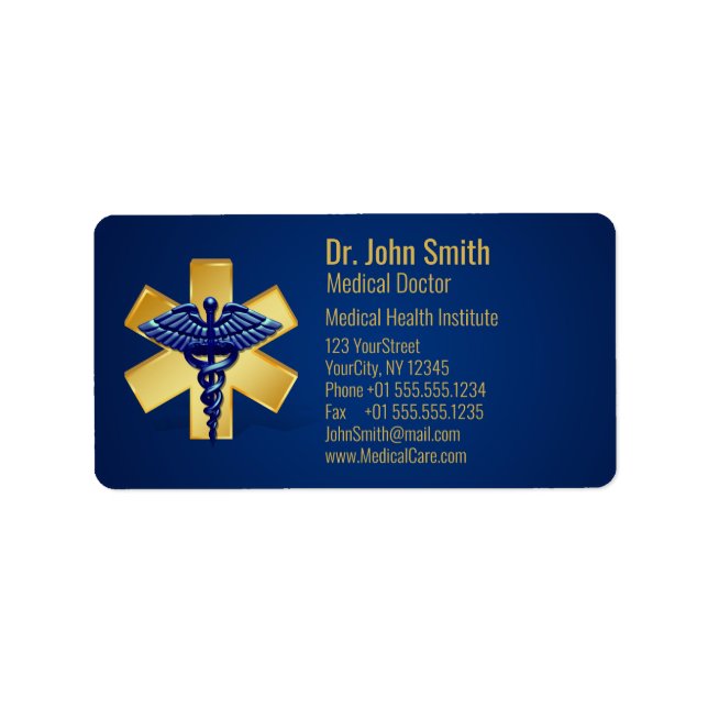 Blue Medical 3D Caduceus Gold Cross Adressaufkleber (Vorne)