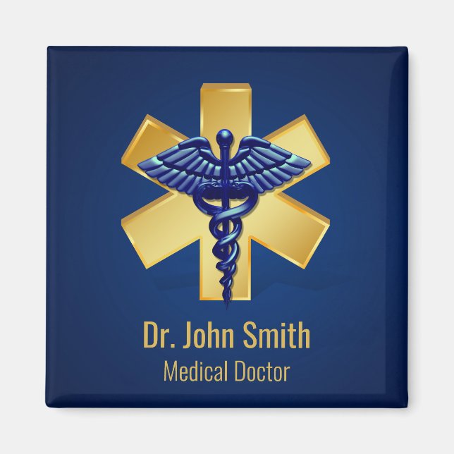 Blue Medical 3D Caduceus Gold Cross Magnet (Vorne)