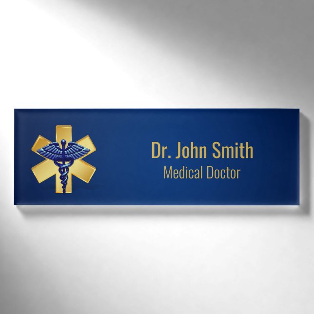 Blue Medical 3D Caduceus Gold Cross Namenschild (Vorderseite)