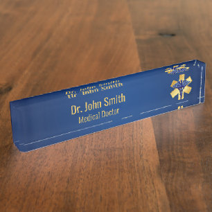 Blue Medical 3D Caduceus Gold Cross Namensplakette