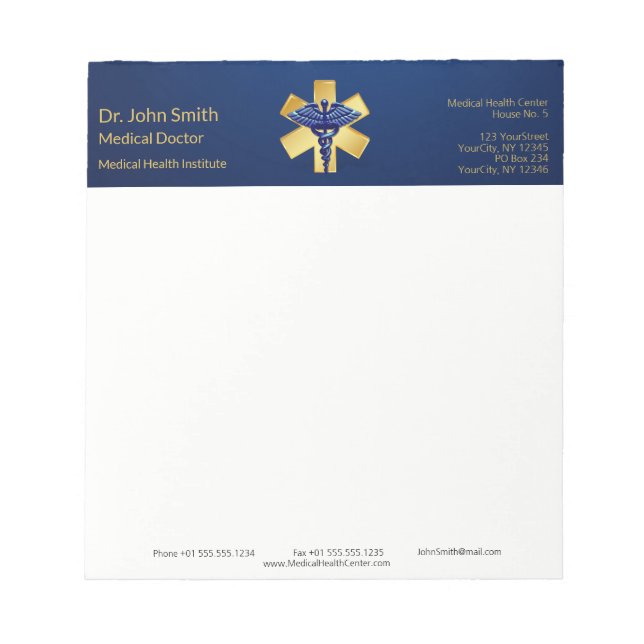 Blue Medical 3D Caduceus Gold Cross Notizblock (Vorderseite)