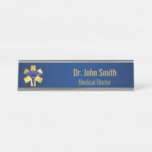 Blue Medical 3D Caduceus Gold Cross Schreibtischnamensplakette