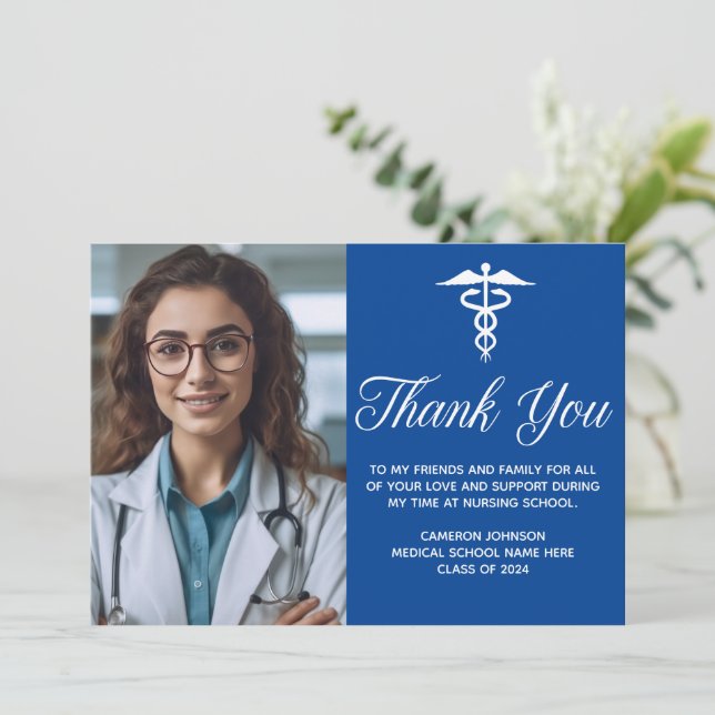 Blue Medical School Abschluss Foto Custom Dankeskarte (Stehend Vorderseite)