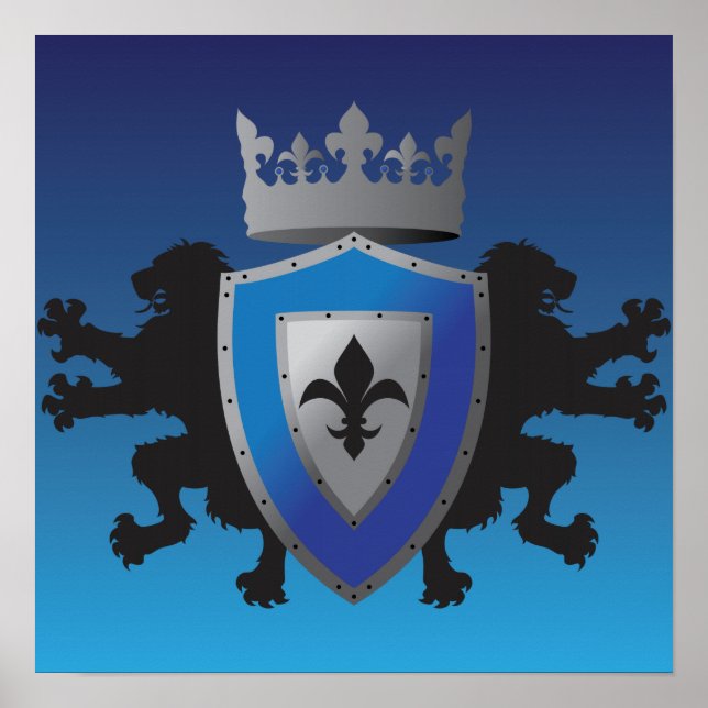 Blue Medieval Lion Heraldry Poster (Vorne)