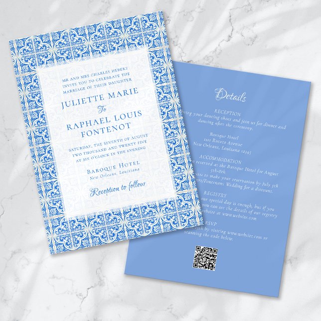 Blue Mediterrane Tile in einer Hochzeit Einladung (Von Creator hochgeladen)
