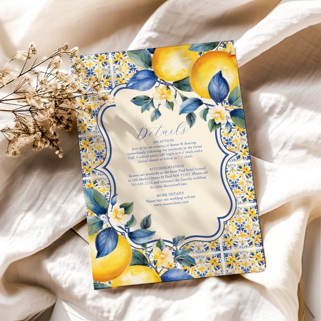 Blue Mediterranea Tile & Lemon Wedding Begleitkarte (Von Creator hochgeladen)