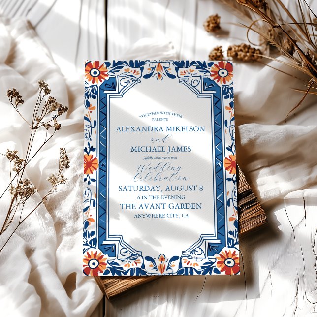 Blue Mediterranea Tile & Lemon Wedding Einladung (Von Creator hochgeladen)