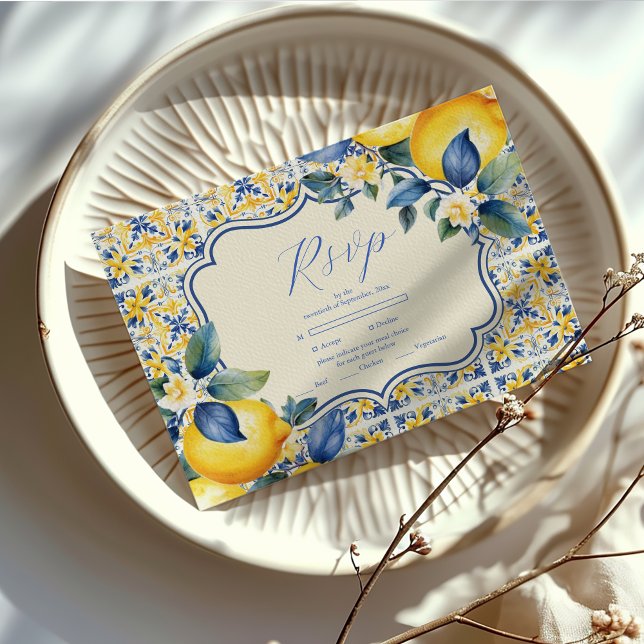 Blue Mediterranea Tile & Lemon Wedding RSVP Karte (Von Creator hochgeladen)