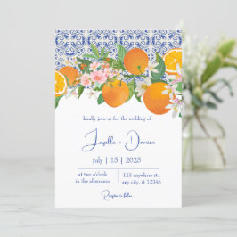 Blue Mediterranean Italian Tile & Orange Wedding Einladung