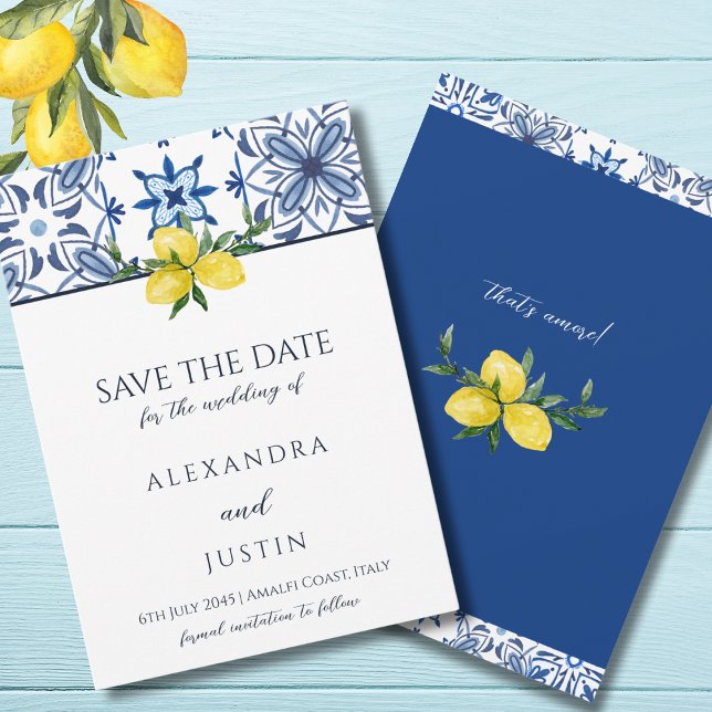 Blue Mediterranean Italian Wedding Save the Date Einladung (Von Creator hochgeladen)