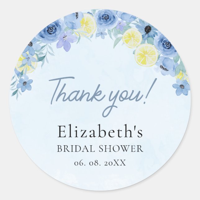 Blue Mediterranean Lemon Bridal shower Runder Aufkleber (Vorderseite)