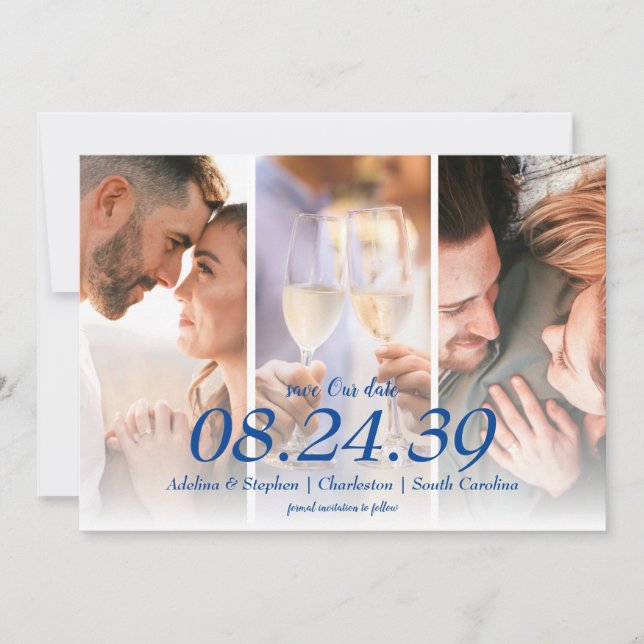Blue Mediterranean Lemon Drei Foto Hochzeit Save The Date (Vorderseite)