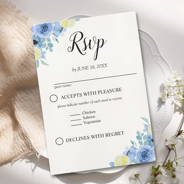 Blue Mediterranean Lemon Wedding RSVP Karte (Von Creator hochgeladen)