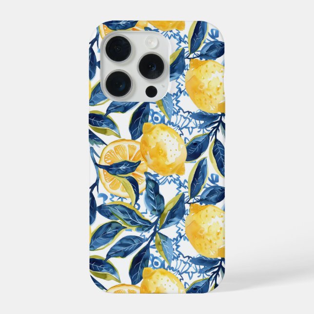 Blue Mediterranean Style Lemon Pattern iPhone Case 15 Pro Hülle (Rückseite)