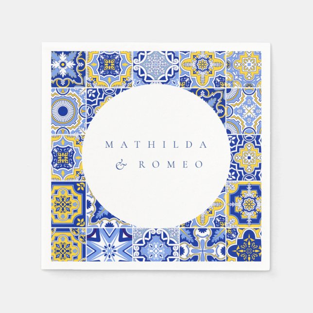 Blue Mediterranean Tile & Citrus Hochzeitsnapkins Serviette (Vorderseite)