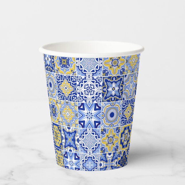 Blue Mediterranean Tile & Citrus Hochzeitspapier-T Pappbecher (Vorderseite)