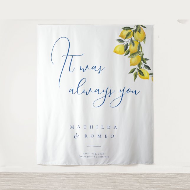 Blue Mediterranean Tile & Citrus Hochzeitstorts Wandteppich (Vorderseite)