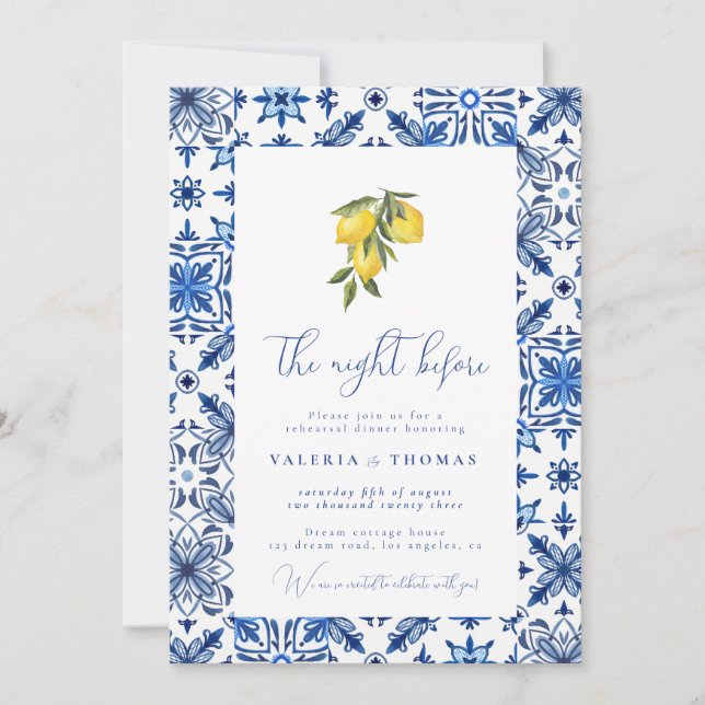 Blue Mediterranean Tile & Citrus Wedding Probe Einladung (Vorderseite)