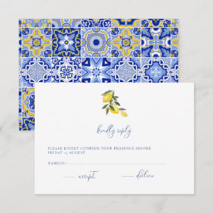 Blue Mediterranean Tile & Citrus Wedding RSVP Kart Karte